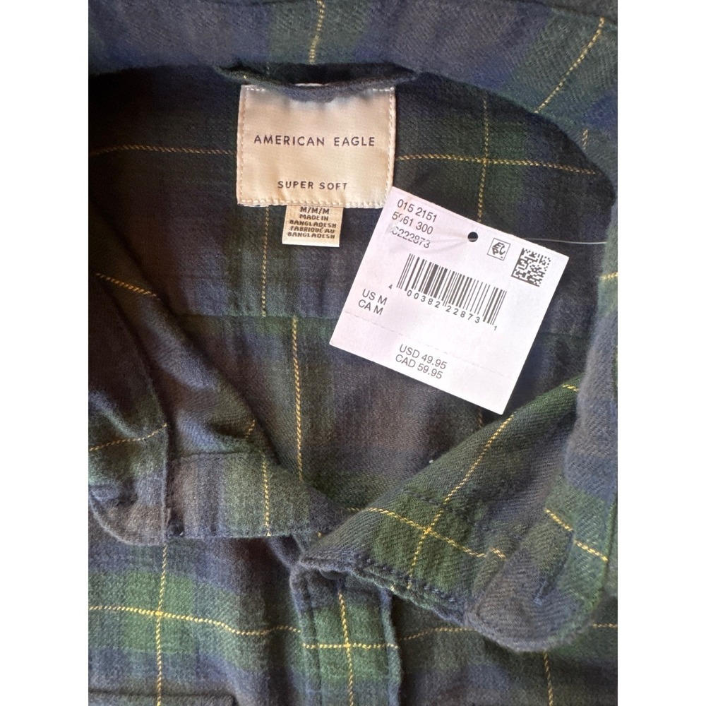American Eagle Flannel Shirt Men Medium Green Navy Plaid Super Soft NWT - Picture 5 of 8